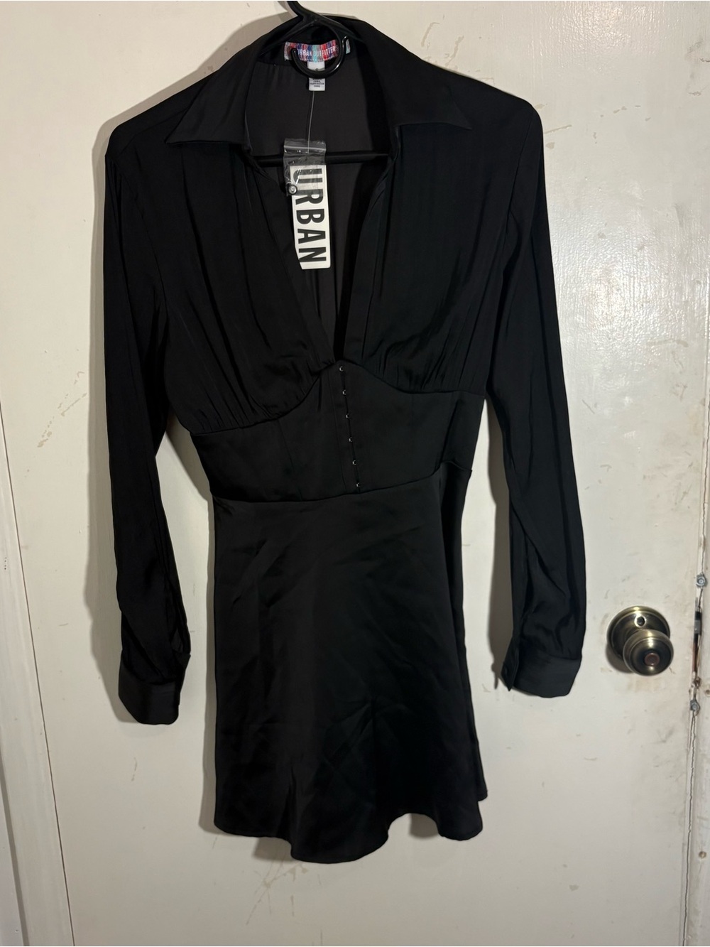 NWT UO Urban Outfitters Black Long-Sleeve Collared Bustier Clasp Closures Dres